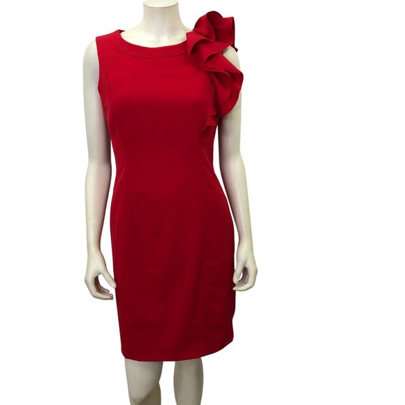 Calvin Klein Red Sleeveless Dress With Ruffle Shoulder‎ Detail Size 8P - Picture 1 of 6